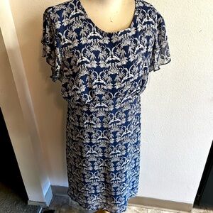 Suzanne Betro dress blue white floral flutter sleeve midi length sz 1X good cond